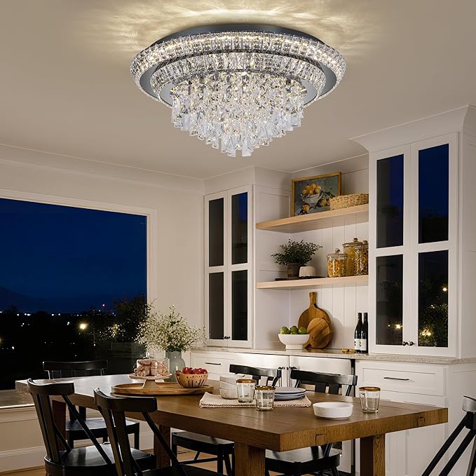 24 inch Crystal Flush Mount Black Chandelier, Modern Raindrop LED Ceiling Light, 3CCT Dimmable & Brightness Adjustable,Remote/APP ,Elegant Chandeliers for Bedroom Hallway Dinning Room Living Room