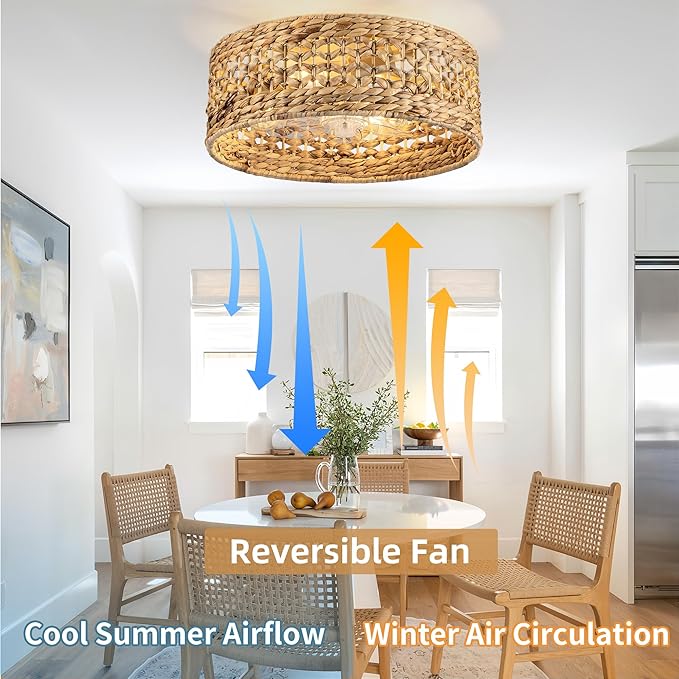 Handwoven Boho Ceiling Fan with Light,Rattan Caged Ceiling Fans with Lights and Remote Control Flush Mount Low Profile Enclosed 6 Speeds Fandelier for Bedroom,Living Room,Dining Room,4-Light