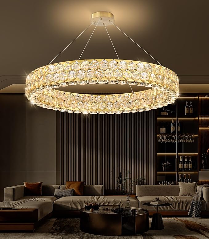Modern Ring Chandelier, Crystal Chandeliers for Dining Room Round Ceiling Light Fixture for Living Room Bedroom Lighting LED Dimmable with Remote Ring Lights, 32inch Gold Light