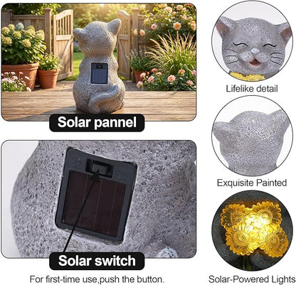 PETAFLOP Solar Cat Garden Statue Decor with Sunflower, Birthday Housewarming Gifts for Mom Grandma Women Cats Lover, Outdoor Figurines Patio Balcony Yard Lawn Decorations
