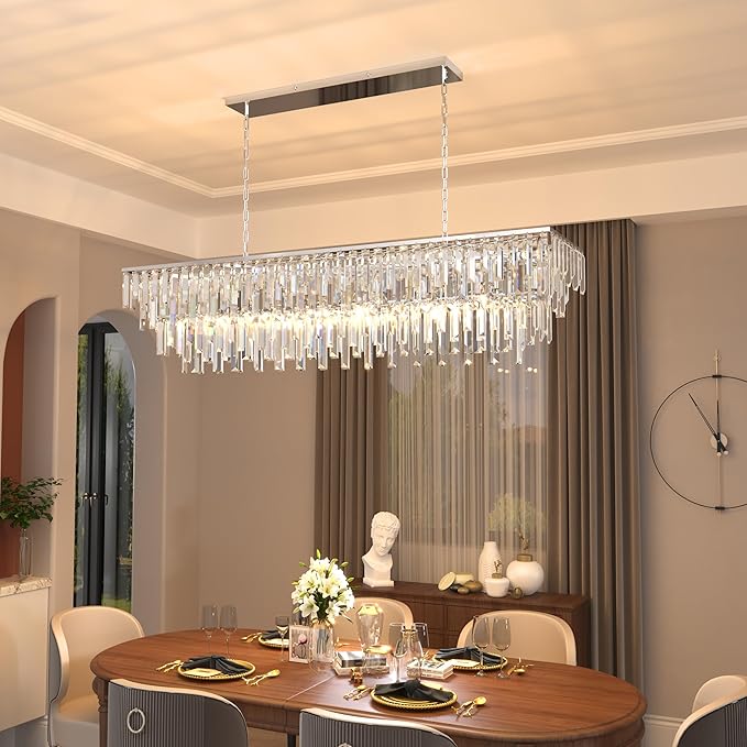 Rectangle Crystal Chandelier 47 Inch, 14-Light Dining Room Chandelier Over Table, Chrome Modern Contemporary Pendant Light, Raindrop Hanging Ceiling Lighting Fixture for Kitchen Living Room