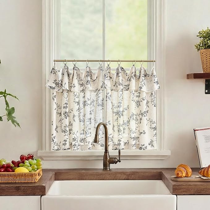 jinchan Floral Linen Kitchen Curtains with Attached Valance 24 Inch Length Farmhouse Cafe Tier Curtains for Living Room Bathroom Rustic Half Window Light Filtering Small Drapes 2 Panels Black