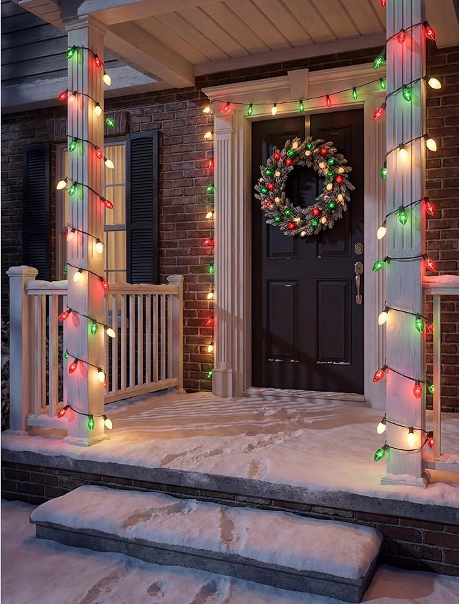 25Ft C9 Christmas Multicolor String Lights, Vintage Christmas Lights with 27 C9 Clear Red/Green/Frosted White Bulbs, Outdoor Hanging Patio Lights for Xmas Tree Path Roofline Wedding Party Decoration