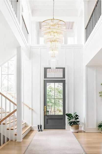 25 Light Staircase Crystal Chandeliers H49 W27.5 Modern Contemporary Elegant 5-Tier K9 Crystal Glass Chandelier Pendant Ceiling Lighting Fixture for Entryway