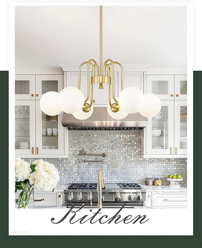 Gold Chandelier with Frosted Glass Globe, 6-Light Modern Pendant Light for Kitchen, Bedroom, Hallway, Living Room,CKPL4845-6P-PG