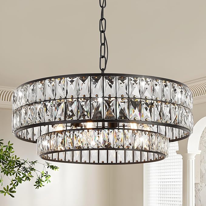 Black Crystal Chandelier 6-Light, 20 Inch Drum Semi-Flush Mount Pendant Light, Modern Ceiling Fixture for Dining Room, Foyer, Bedroom