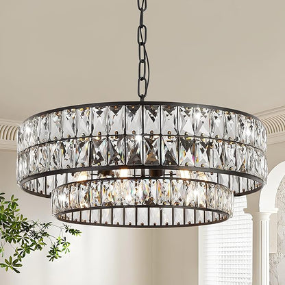 Black Crystal Chandelier 6-Light, 20 Inch Drum Semi-Flush Mount Pendant Light, Modern Ceiling Fixture for Dining Room, Foyer, Bedroom