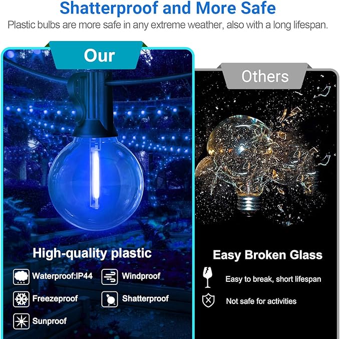 LAMPHOME Blue LED Outdoor String Lights, 26FT Patio Lights with 12+1 Shatterproof Edison Bulbs, UL Waterproof Connectable Outdoor Hanging Lights for Backyard Porch Garden Deck Balcony Decor