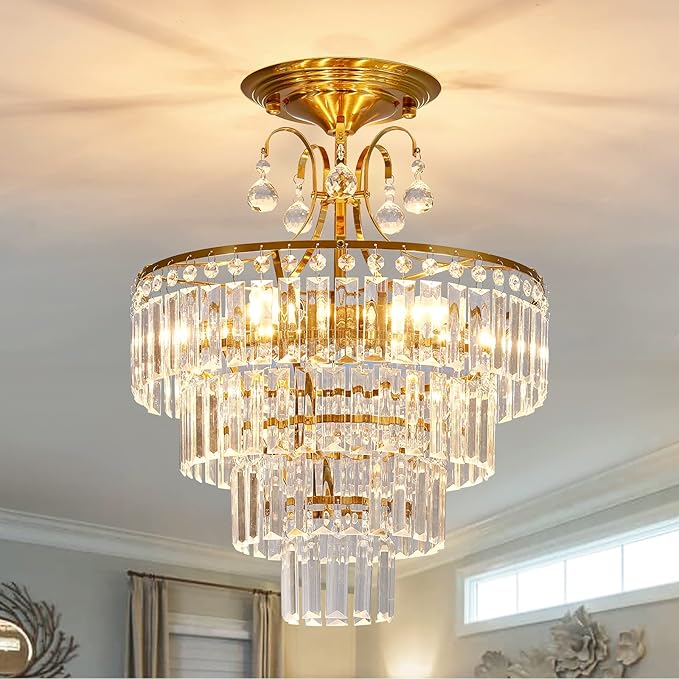 CVKASH 5 -Lights Crystal Gold Chandelier Fixture Modern Semi Flush Mount Ceiling Light with E12 Ceiling Lighting for Bedroom Living Room Kitchen Hallway Dining Room,D15.35 x H20.07