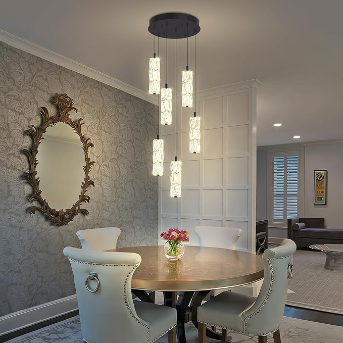 ykolupty Modern Pendant Light for Stairwell LED Dimmable Black Pendant Chandelier Crystal Pendant Light for Kitchen Island Stairwell Foyer Dining Room