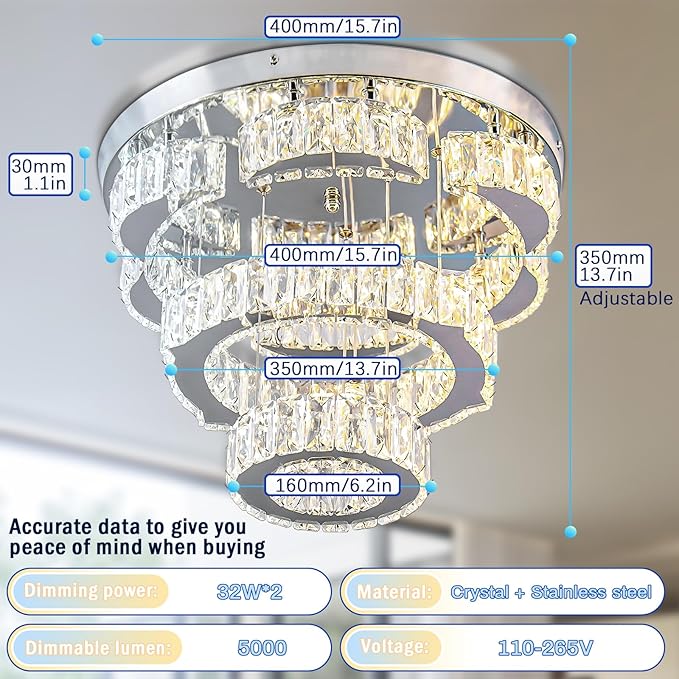 15.7" Modern Crystal Chandelier with Remote 2 Rings Round Flush Mount Ceiling Light Flower LED Dimmable Chandeliers for Bedroom Living Room Dining Room Dimmable