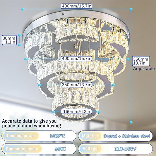 15.7" Modern Crystal Chandelier with Remote 2 Rings Round Flush Mount Ceiling Light Flower LED Dimmable Chandeliers for Bedroom Living Room Dining Room Dimmable