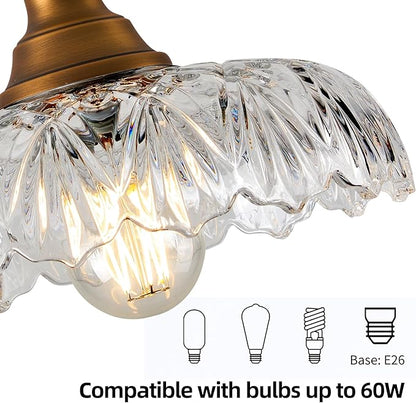2 Pcs/Package Vintage/Antique Brass Glass Pendant Light Fixture Over Sink/Table for Kitchen Island,Farmhouse Gold Hanging Pendant Lights for Bedroom Hotel Dining Room