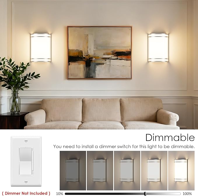 Aipsun Modern Wall Sconces Set of Two, Hardwired 15W LED Indoor Dimmable 3000K 4000K 5000K Wall Lights for Living Room Hallway Bedroom (Brushed Nickel)