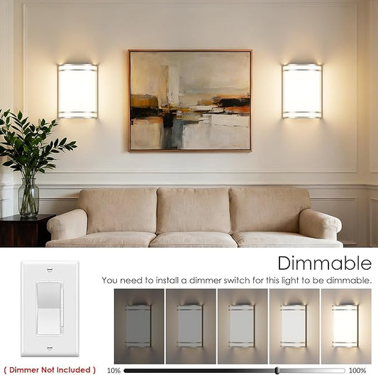 Aipsun Modern Wall Sconces Set of Two, Hardwired 15W LED Indoor Dimmable 3000K 4000K 5000K Wall Lights for Living Room Hallway Bedroom (Brushed Nickel)
