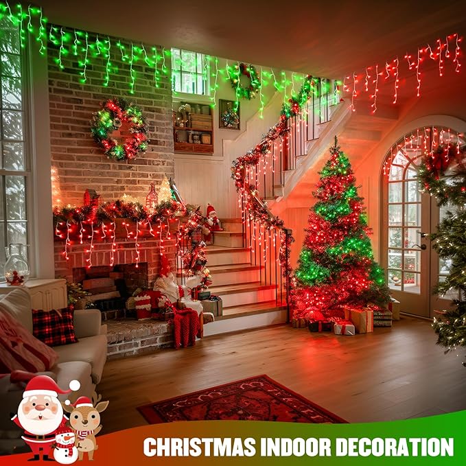 JMEXSUSS 400 LED Red and Green Christmas Lights, Red & Green Icicle Lights Clear Wire, Connectable String Lights Plug in for Christmas Party Outdoor Eaves Home Xmas Decorations