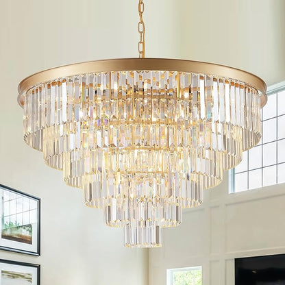 Modern Gold Crystal Chandeliers 35'' Large Chandeliers for High Ceiling Foyer K9 Crystal 6-Tier Luxury Chandelier 22-Light Round Ceiling Chandelier Light Fixtures for Staircase Entry Living Room