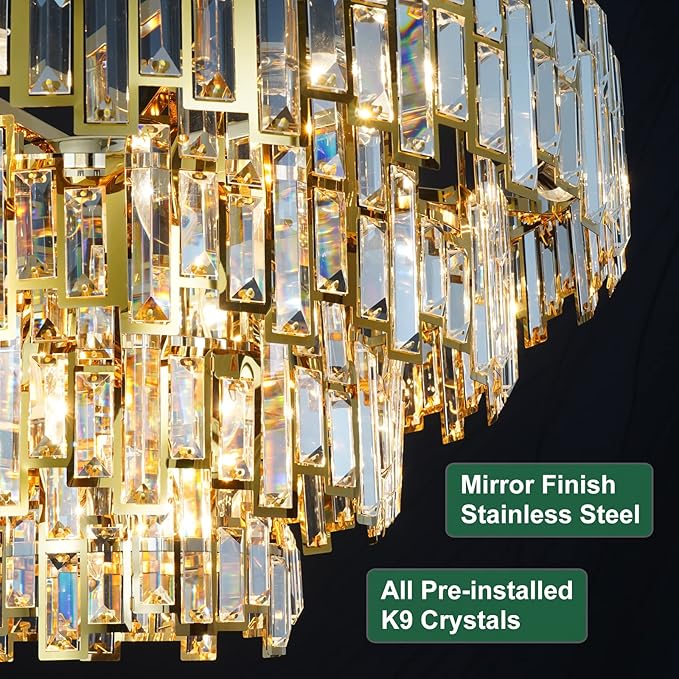 W31.5 Modern Crystal Chandelier Gold Round Chandelier for Living Room 4-Tier Large Chandeliers for High Ceiling Foyer Entryway Light Fixture Hanging Contemporary Lighting 19-Light