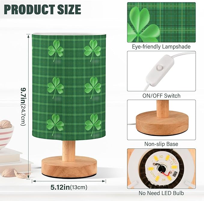 Irish Shamrock Clover on Green Plaid St Patricks Day Table Lamp with Wood Base Fabric Lamp Shade Bedside Nightstand Desk Lamp for Living Room Bedroom Kids Room Office