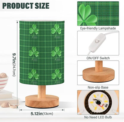 Irish Shamrock Clover on Green Plaid St Patricks Day Table Lamp with Wood Base Fabric Lamp Shade Bedside Nightstand Desk Lamp for Living Room Bedroom Kids Room Office