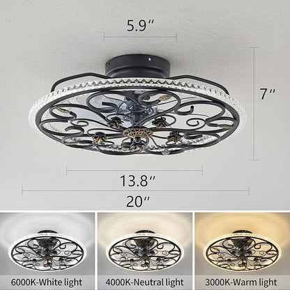 Retro Black Caged Ceiling Fan with Lights Remote Control, 6 Speeds 3 Color Industrial Ceiling Fan with Light for Kitchen Bedroom Living Room