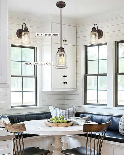 Farmhouse Pendant Light for Kitchen Island, HWH Oil-Rubbed Bronze Finish Pendant Light, Single 1-Light Hanging Light Fixture, Bell-Shaped Fluted Clear Glass, 5HZG106MIL-L ORB