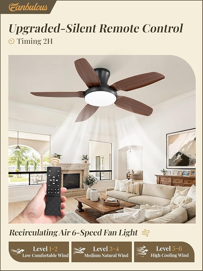 Fanbulous Ceiling Fans with Lights, 42 inch Low Profile Flush Mount Ceiling Fan with Remote/APP Control,Black Modern Ceiling Fan with LED Light for Bedroom Indoor Outdoor-LED Dimmable, 3CCT, 6 Speeds