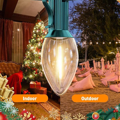 C7 Christmas Lights Outdoor 10ft - Warm White & Clear LED String Lights with 10 Vintage Bulbs, Waterproof Green Wire for Roofline, Patio, Xmas Tree, Halloween, Holiday Decor