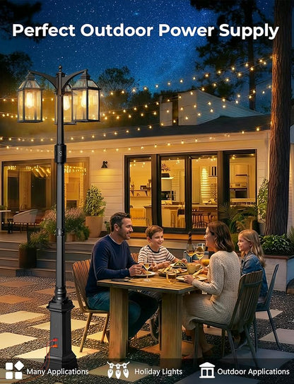 Outdoor Lamp Post Motion Sensor with Outlet, Dusk to Dawn Pole Lights 3-Head, Classic Black 360°Detection Waterproof Anti-Rust Aluminum Street Lighting for Yard Backyard Patio Driveway