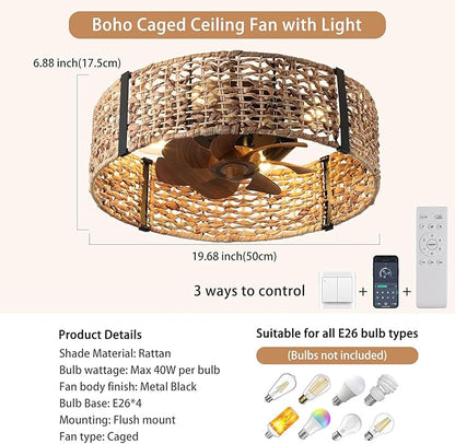 Ganeed 20" Boho Fandelier Ceiling Fan with Light, Rattan Caged Ceiling Fan with Light and Remote Control, Quiet Reversible Motor Enclosed Low Profile 6 Speeds for Bedroom Living Room Porch Kids Room