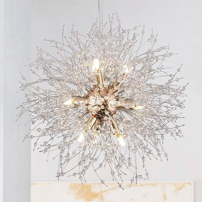 Small Sputnik Chandelier, 9 Lights Modern Dandelion Crystal Chandelier, Chrome Dandelion Pendant Light Fixture for Kitchen Dining Room Bedroom