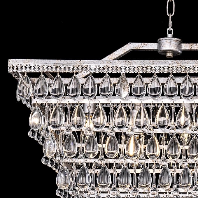 Wellmet Dining Room Crystal Rectangle Chandelier, 48 Inch Antique Silver, 9 Lights Farmhouse Chandelier for High Ceiling, Kitchen Island, Living Room, Entryway