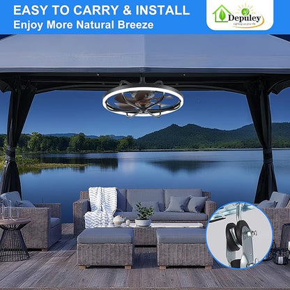 Depuley 20" Outdoor Ceiling Fan with Lights, Walnut and Black Waterproof Gazebo Hanging Fan with Remote App Control, Dimmable Plug in Caged Outdoor Ceiling Fans for patios Porch 6-Speeds