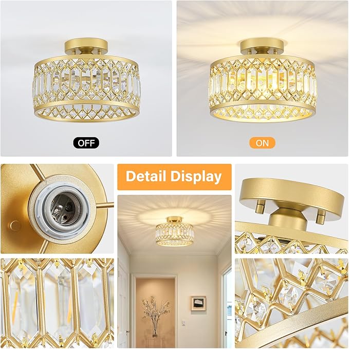 YURNYQ Crystal Ceiling Light Fixture, Modern Semi Flush Mount Ceiling Light, Gold Lighting Fixtures Ceiling Lamp for Hallway, Kitchen, Entryway, Bedroom, Laundry Room, 1-Light, 11.4 Inch