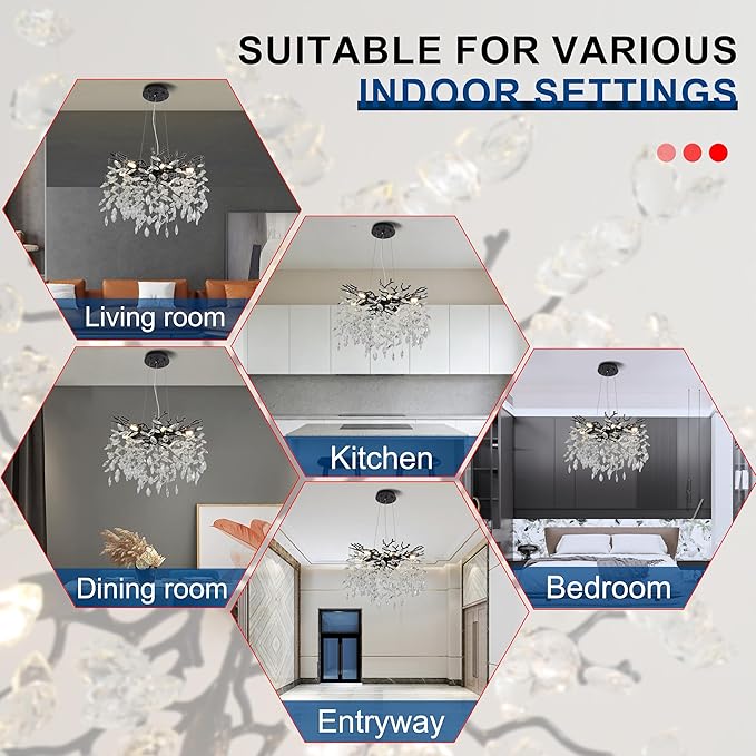 Modern Crystal Tree Branches Chandelier, 18in Black 6 Lights Large Ceiling Hanging Light for Dining Room, Round Raindrop Pendant Light Fixture