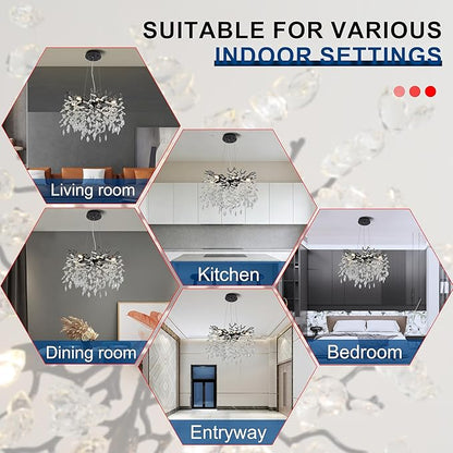 Modern Crystal Tree Branches Chandelier, 18in Black 6 Lights Large Ceiling Hanging Light for Dining Room, Round Raindrop Pendant Light Fixture