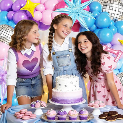 JOGAMS 173Pcs Cool-Tone K-Pop Stage Balloon Arch Kit, Blue Purple Pink Performance Style Balloons with Disco Foils for Birthday, Prom & Music Backdrop Decor