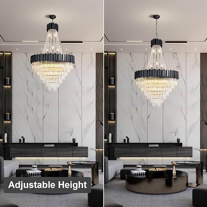54" Black Large Chandeliers for High Ceilings, 21-Light Modern Crystal Chandelier for High Ceiling Staircase, Foyer, Entryway, Living Room, Hallway, Luxury K9 Crystal Tiered Chandelier Light Fixture