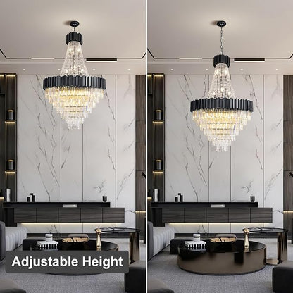 54" Black Large Chandeliers for High Ceilings, 21-Light Modern Crystal Chandelier for High Ceiling Staircase, Foyer, Entryway, Living Room, Hallway, Luxury K9 Crystal Tiered Chandelier Light Fixture