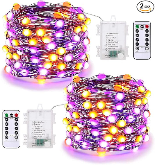 BrizLabs Purple & Orange Halloween Lights, 2 Pack 17.48ft 50 LED Halloween String Lights with Remote, 8 Modes Battery Purple & Orange Fairy Light Waterproof Twinkle Light for Outdoor Haunted Decor