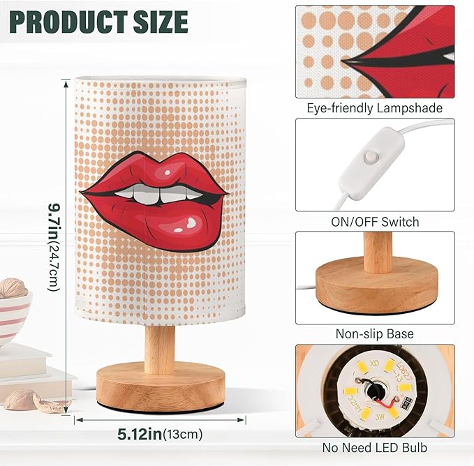 Bite Sexy Red Lip Polka Dot Table Lamp with Wood Base Fabric Lamp Shade Bedside Nightstand Desk Lamp for Living Room Bedroom Kids Room Office