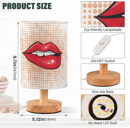 Bite Sexy Red Lip Polka Dot Table Lamp with Wood Base Fabric Lamp Shade Bedside Nightstand Desk Lamp for Living Room Bedroom Kids Room Office