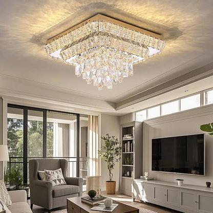 Miuyhji Elegant LED Gold Crystal Raindrop Ceiling Light,18 Inch Square Flush Mount Chandelier with Remote for Living Room Kitchen Island Bedroom Hallway Entryway Foyer (Dimmable)