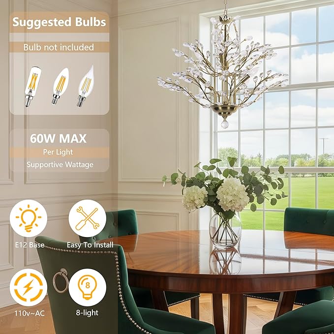Maxax 27.5" Modern Gold Crystal Chandelier, Tree Branch Pendant Light Fixture, Elegant Ceiling Lighting for Dining Room Living Room Bedroom