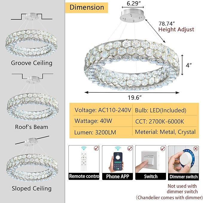 Modern Crystal Chandelier Ring Chandeliers for Dining Room Living Room Round LED Dimmable Ceiling Light Fixture for Bedroom Hallway Foyer Silver
