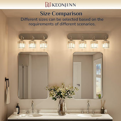 Keonjinn 3-Light Chrome Bathroom Light Fixtures, Crystal Bathroom Vanity Lights Over Mirror, Chrome Vanity Lighting Fixtures with Crystal Square Shades (E26 Base, Exclude Bulb)