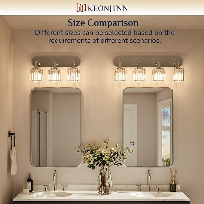 Keonjinn 4-Light Bathroom Light Fixtures, Crystal Chrome Bathroom Vanity Lights Over Mirror, Vanity Lighting Fixtures with Crystal Square Shades (E26 Socket, Exclude Bulb)