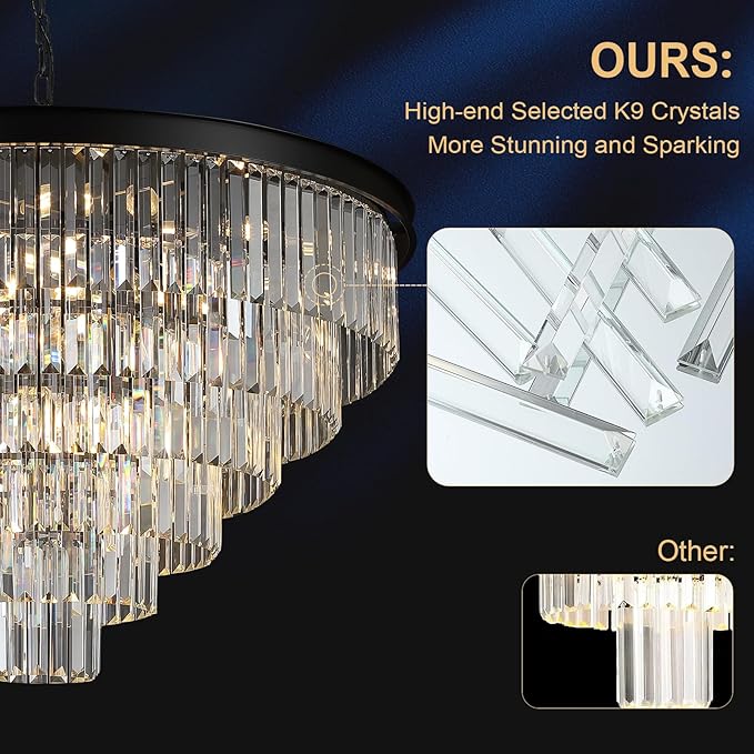 A AXILIXI 35'' Large Crystal Chandeliers 6-Tier Modern Black K9 Crystal Ceiling Pendant Light 22-Light Luxury Round Crystal Chandelier for High Ceiling Entryway Staircase Living Room Foyer