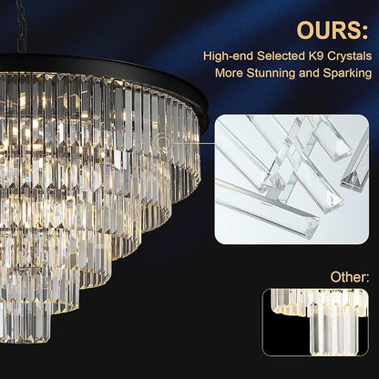 A AXILIXI 35'' Large Crystal Chandeliers 6-Tier Modern Black K9 Crystal Ceiling Pendant Light 22-Light Luxury Round Crystal Chandelier for High Ceiling Entryway Staircase Living Room Foyer