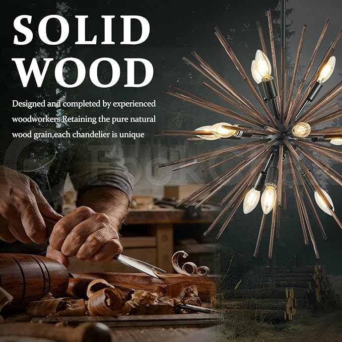 Black Wood Sputnik Chandeliers 12 Light Starburst Chandelier Light Fixture Solid Wood Farmhouse Satellite Light Fixture for Dining Room Bathroom Entryway Kitchen Island Bedroom 24in